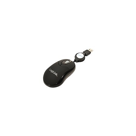 Schwarze LogiLink Kabelmaus mit einziehbarem USB-Kabel auf weißem Hintergrund.