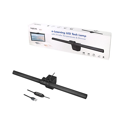 LogiLink LED-Bildschirmlampe mit Kabelfernbedienung und USB-Stecker, abgebildet mit ihrer Produktverpackung.