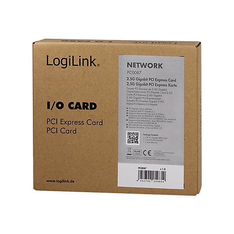 Braune Box mit LogiLink-Logo und Texten wie I/O CARD und PCI Express Card. Aufschrift: 2.5G Gigabit PCI Express Card.