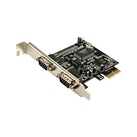 PCIe-Steckkarte mit schwarzer Leiterplatte und zwei seriellen Anschlüssen vor weißem Hintergrund.