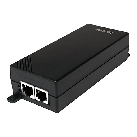 Schwarzes LogiLink-Gerät mit zwei RJ45-Anschlüssen, das auf weißem Hintergrund liegt. Auf der Oberseite ist der Schriftzug LogiLink angebracht.