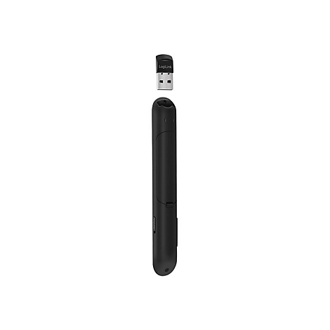 Ein schwarzer LogiLink Presenter mit dazugehörigem USB-Empfänger auf weißem Hintergrund.