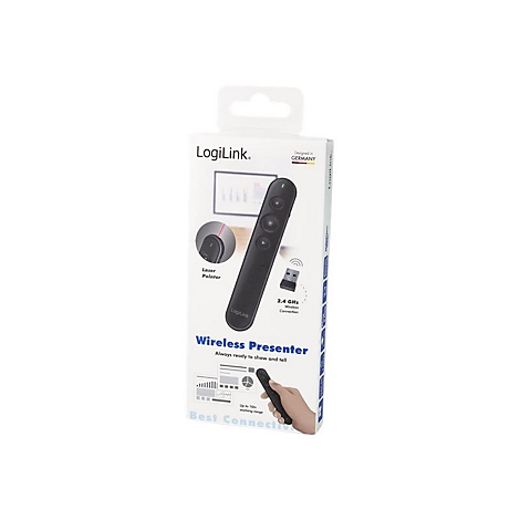 LogiLink Wireless Presenter in weißer Verkaufsverpackung mit Produktabbildungen und Beschriftung.