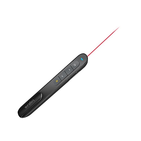Schwarzer LogiLink Präsentations-Pointer mit Bedienfeldern und aktivem, rotem Laserstrahl.