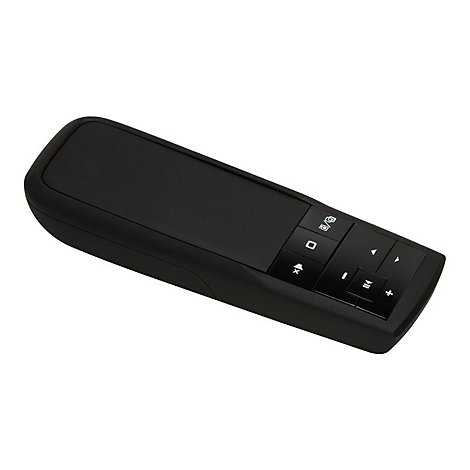 Schwarze Fernbedienung mit Touchpad, Tasten fÃ¼r PrÃ¤sentationen und LautstÃ¤rkeregelung.