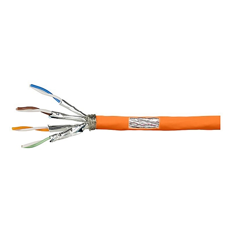 Abisoliertes orangefarbenes Netzwerkkabel mit vier verdrillten Adernpaaren und sichtbarer Abschirmung.