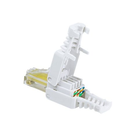 Offener, weißer RJ45-Netzwerkstecker mit werkzeugfreier Anschlussmöglichkeit und farbcodierten Kontakten.