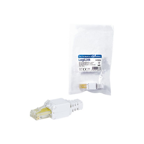Ein weißer, werkzeugloser Cat.5e RJ45-Stecker liegt vor seiner transparenten Plastikverpackung.