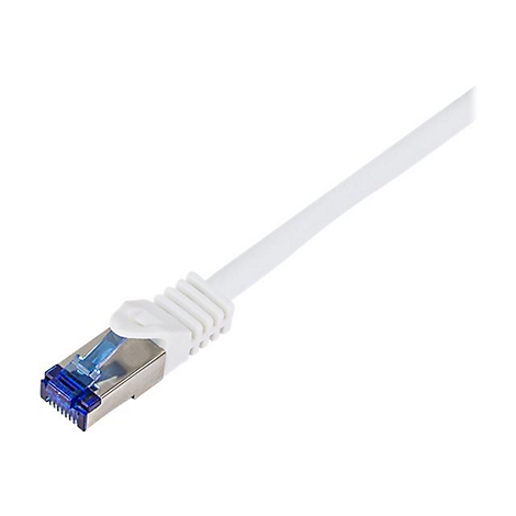Weißes Ethernet-Netzwerkkabel mit RJ45-Stecker, Metallgehäuse und blauem Entriegelungshebel.