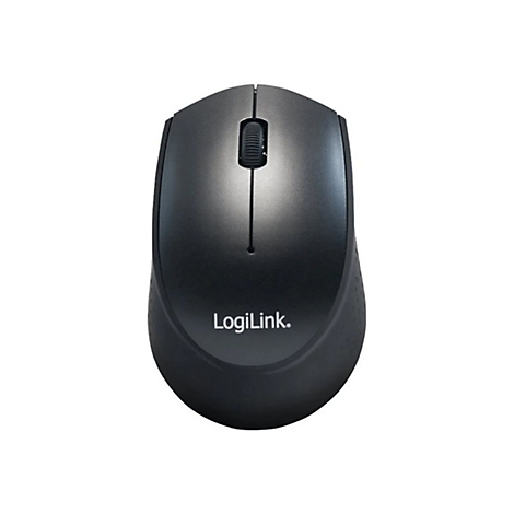 Drahtlose, schwarze Maus mit Scrollrad und Logo 'LogiLink'.
