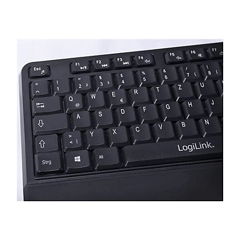 Nahaufnahme einer schwarzen Tastatur mit weißen Buchstaben. Das Logo "LogiLink" ist deutlich sichtbar.