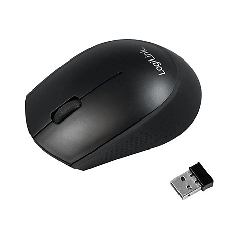 Schwarze kabellose Maus mit USB-Dongle. Auf der Maus steht „LogiLink“. Auf weißem Hintergrund.
