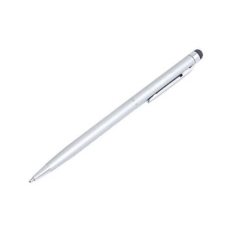 Silberner Kugelschreiber mit schwarzer Spitze und Clip. Der Stift hat einen Touchpen.