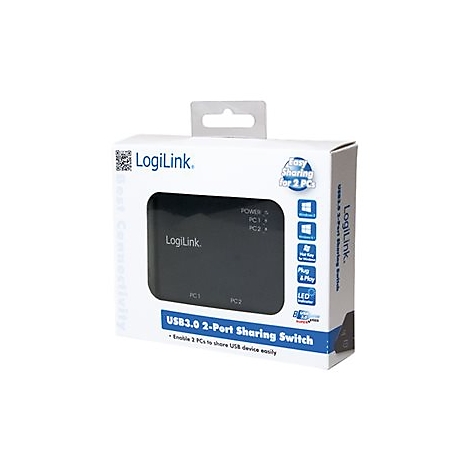 Eine Produktverpackung von LogiLink zeigt einen USB3.0 2-Port Sharing Switch. Die Verpackung ist weiÃŸ mit blauen und schwarzen Akzenten, und das Produkt wird in einem Fenster gezeigt.