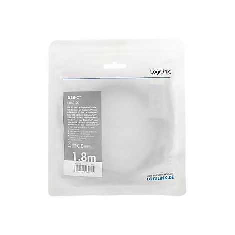 LogiLink USB-C auf DisplayPort Kabel 1,8m in transparenter Verkaufsverpackung mit Produktinformationen.