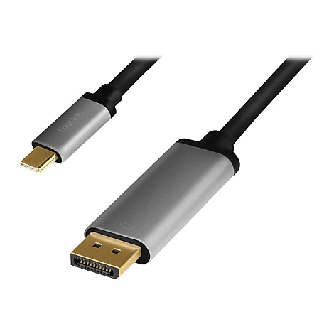 LogiLink USB-C auf DisplayPort Adapterkabel mit grauen Aluminiumgehäusen und goldenen Anschlüssen.