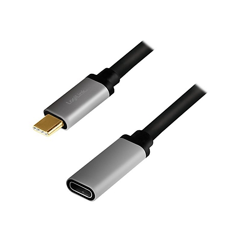LogiLink USB-C Verlängerungskabel mit goldenem Stecker und grauen Aluminiumgehäusen.