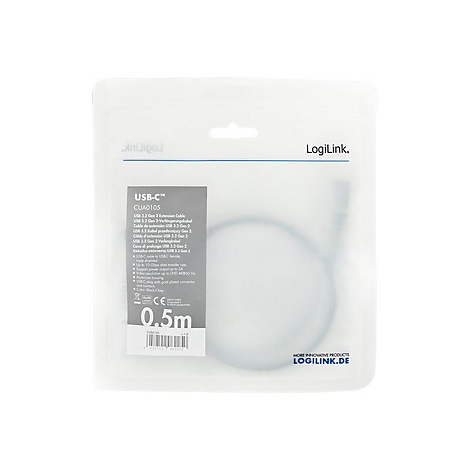 LogiLink USB-C Verlängerungskabel (0,5m) in einer halbtransparenten Kunststoffverpackung.