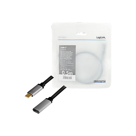 LogiLink USB-C Verlängerungskabel, 0,5m Länge, in Kunststoffverpackung mit grauem Gehäuse und goldenen Anschlüssen.