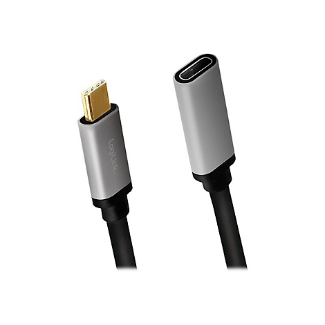 LogiLink USB-C Verlängerungskabel mit goldenem Stecker und grauen Gehäusen vor weißem Hintergrund.