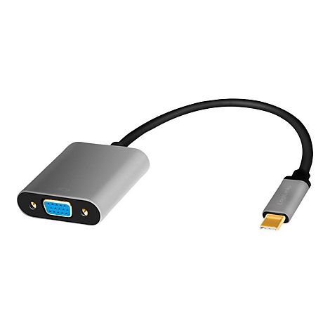 Grauer USB-C-auf-VGA-Adapter von LogiLink mit schwarzem Kabel vor weißem Hintergrund.