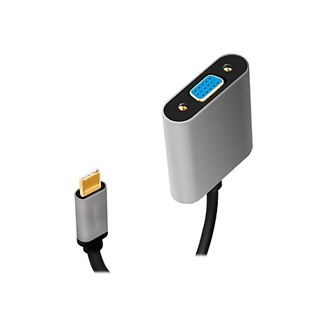 LogiLink USB-C auf VGA Adapter mit schwarzem Kabel und grauem Gehäuse vor weißem Hintergrund.
