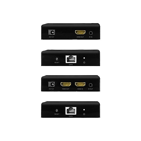 Vier Ansichten der Rückseite von schwarzen HDMI-Extendern mit Anschlüssen für Strom, HDMI, Infrarot, CAT6 und Reset-Taste.