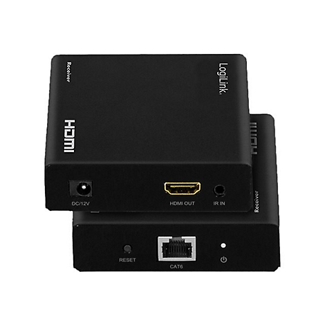 Zwei schwarze LogiLink HDMI-Receiver-Boxen vor weißem Hintergrund mit Strom-, HDMI- und Netzwerkananschlüssen.