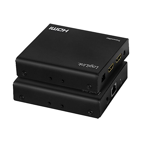 Zwei schwarze, übereinander gestapelte LogiLink HDMI-Sender-Boxen mit Anschlüssen auf weißem Hintergrund.