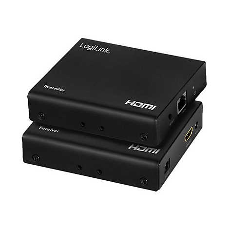 LogiLink HDMI Extender Set bestehend aus einem schwarzen Transmitter und Receiver übereinander.