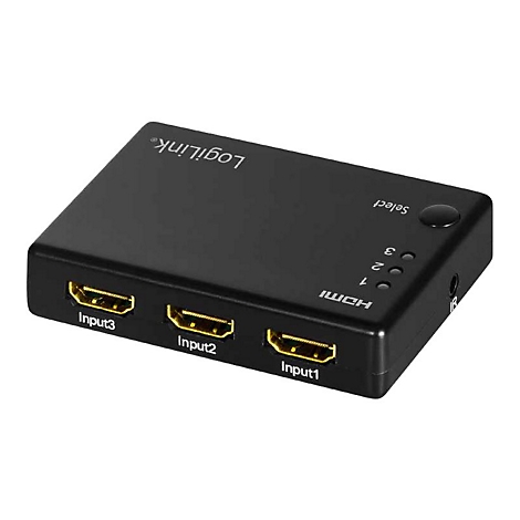 Schwarzer LogiLink HDMI-Switch mit drei Eingängen, Beschriftungen und einer Select-Taste.