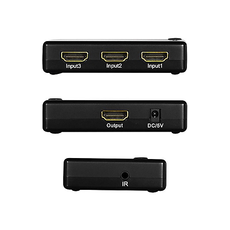 Drei Ansichten eines schwarzen HDMI-Switchers mit Input-, Output-, Strom- und IR-Anschlüssen.
