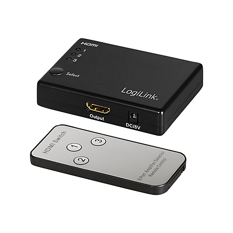 Schwarzer LogiLink HDMI-Switch mit drei Anschlüssen und zugehöriger Fernbedienung vor weißem Hintergrund.