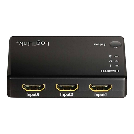 Schwarzer LogiLink HDMI-Switch mit drei Eingängen und Auswahltaste vor weißem Hintergrund.