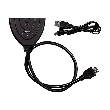 Schwarzer LogiLink HDMI-Umschalter mit Kabel und USB-Anschluss vor weißem Hintergrund.