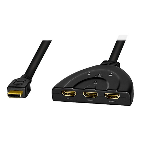 Schwarzer 3-Port HDMI-Switch mit Kabel und vergoldeten Anschlüssen auf weißem Hintergrund.