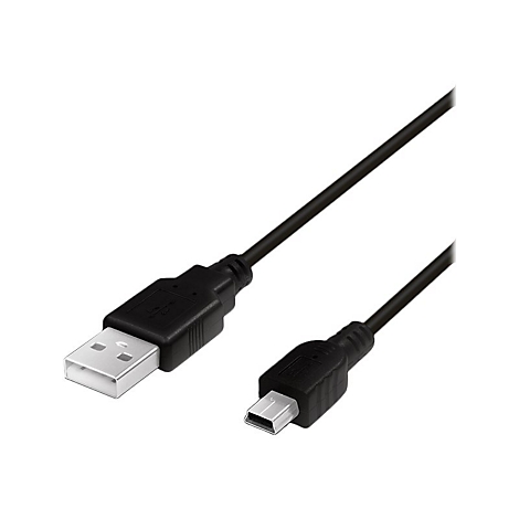 Schwarzes USB-A auf Mini-USB-Kabel vor neutralem Hintergrund.