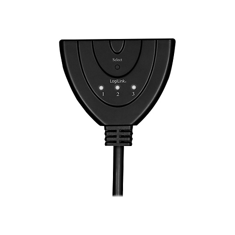 Schwarzer LogiLink-Umschalter in Fächerform mit Select-Taste und drei Status-LEDs sowie Anschlusskabel.
