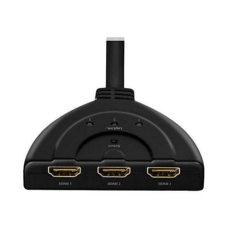 Schwarzer LogiLink HDMI-Switch mit drei Anschlüssen und Select-Taste auf weißem Hintergrund.