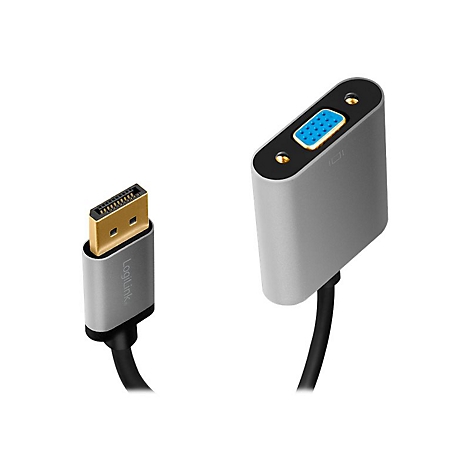 DisplayPort-zu-VGA-Adapter von LogiLink mit grauem Gehäuse und schwarzem Kabel vor weißem Hintergrund.