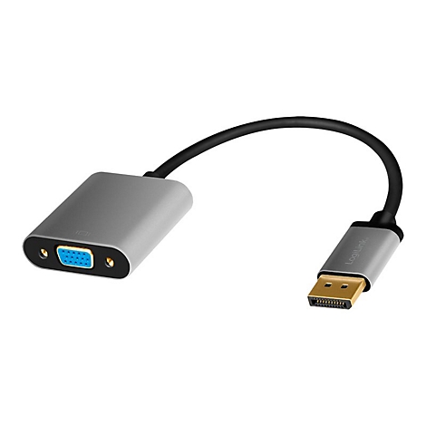 LogiLink DisplayPort auf VGA Adapter mit silbernem Gehäuse und kurzem schwarzem Kabel.