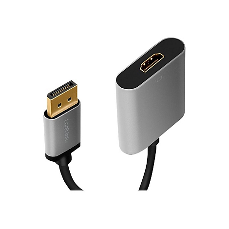 DisplayPort-zu-HDMI-Adapter von LogiLink mit grauem Gehäuse und goldenen Anschlüssen vor weißem Hintergrund.