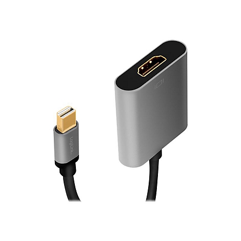 LogiLink Adapter mit silbernem Gehäuse, goldenem Mini-DisplayPort-Stecker und HDMI-Anschluss.