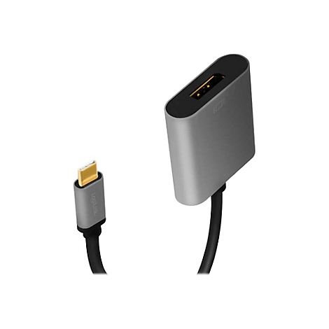 Grauer USB-C-auf-HDMI-Adapter mit schwarzem Kabel vor weißem Hintergrund.