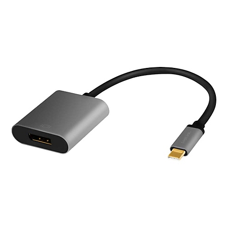 Grauer USB-C-auf-DisplayPort-Adapter mit kurzem schwarzem Kabel vor weißem Hintergrund.
