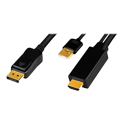 Zwei schwarze Verbindungskabel mit goldenen DisplayPort- und HDMI-Steckern vor weißem Hintergrund.