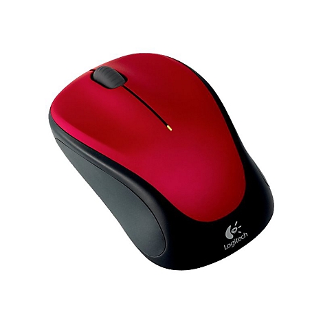 Souris d'ordinateur sans fil rouge et noire de Logitech. Avec molette de défilement et logo. Sur fond blanc.