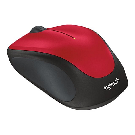 Souris Logitech rouge et noire sur fond blanc.