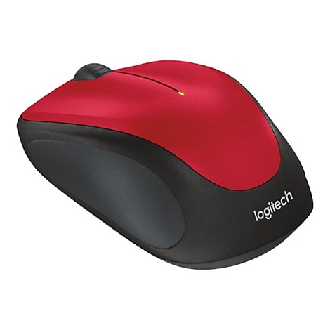Souris d'ordinateur sans fil rouge et noire. "logitech" est écrit sur le côté.