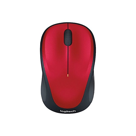 Souris sans fil rouge de Logitech. Elle est dotée d'une surface supérieure rouge, de bords noirs et d'une molette de défilement.